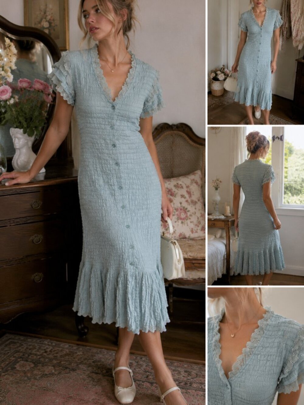 Opening Ceremony Blue Crinkle Lace Midi Dress Cottagecore Fairycore Size Small
